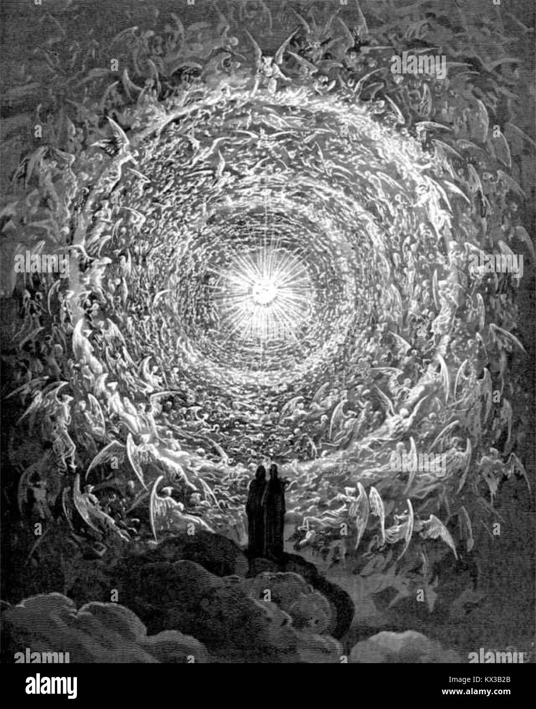 Ein Kupferstich von Gustave Doré, der Canto 31 von Dante Alighieris Paradiso darstellt, Teil der Göttlichen Komödie. Die Illustration veranschaulicht Dantes himmlische Reise und die spirituelle Symbolik des Himmels. Stockfoto