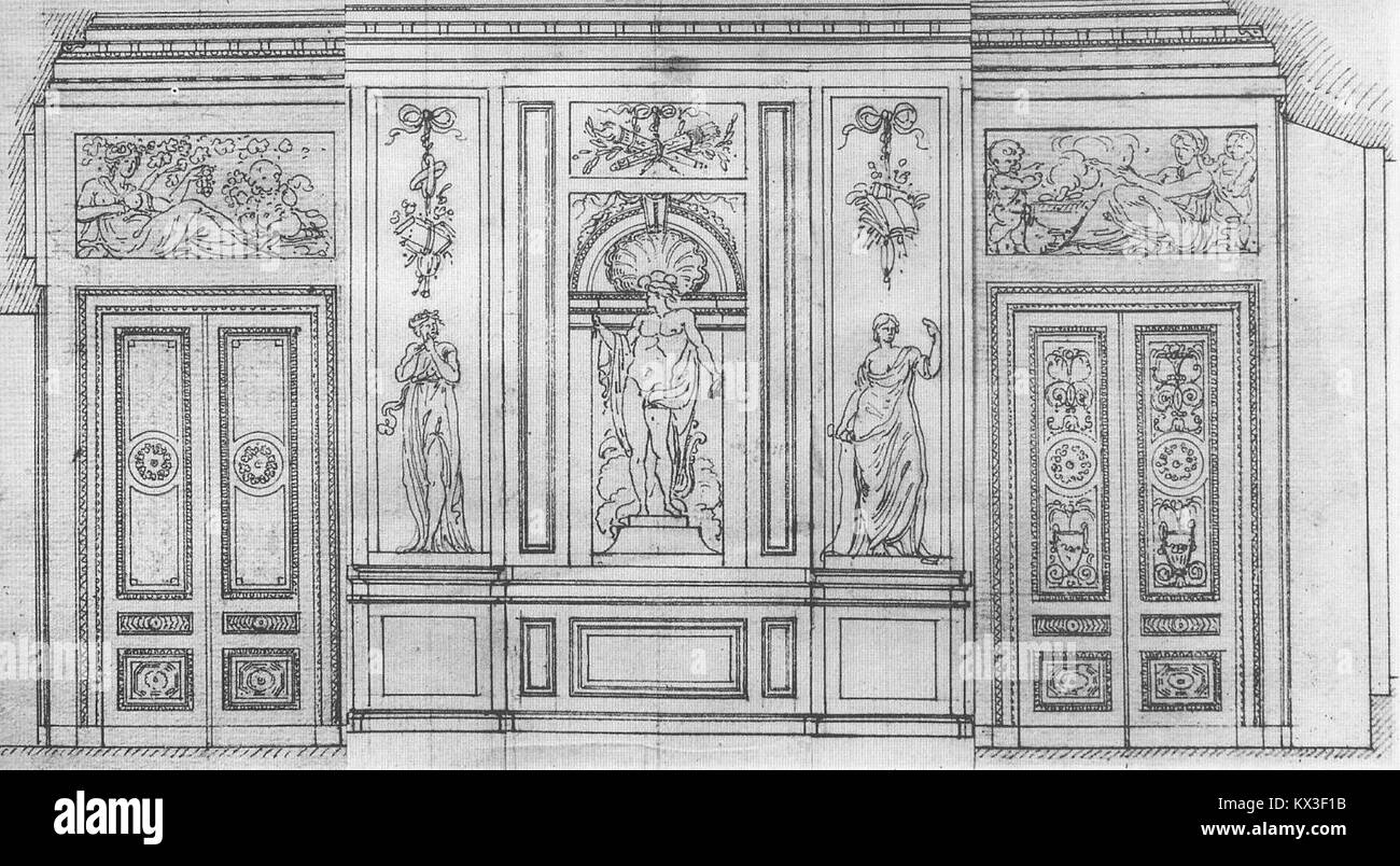 Dieses Design für den Speisesaal im Bellevue von Ange-Jacques Gabriel, das 1773 geschaffen wurde, ist ein Beispiel für die neoklassizistische französische Innenarchitektur, die für ihre Symmetrie und Eleganz bekannt ist. Stockfoto