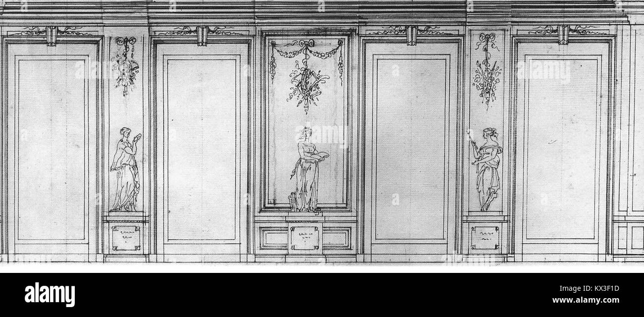 Dieses Kunstwerk aus dem Jahr 1773 zeigt das Dekor des Speisesaals von Bellevue, entworfen von Ange-Jacques Gabriel, einem prominenten französischen Architekten. Es bietet einen Einblick in die französische Innenarchitektur und Architektur des 18. Jahrhunderts während der Rokoko-Zeit. Stockfoto