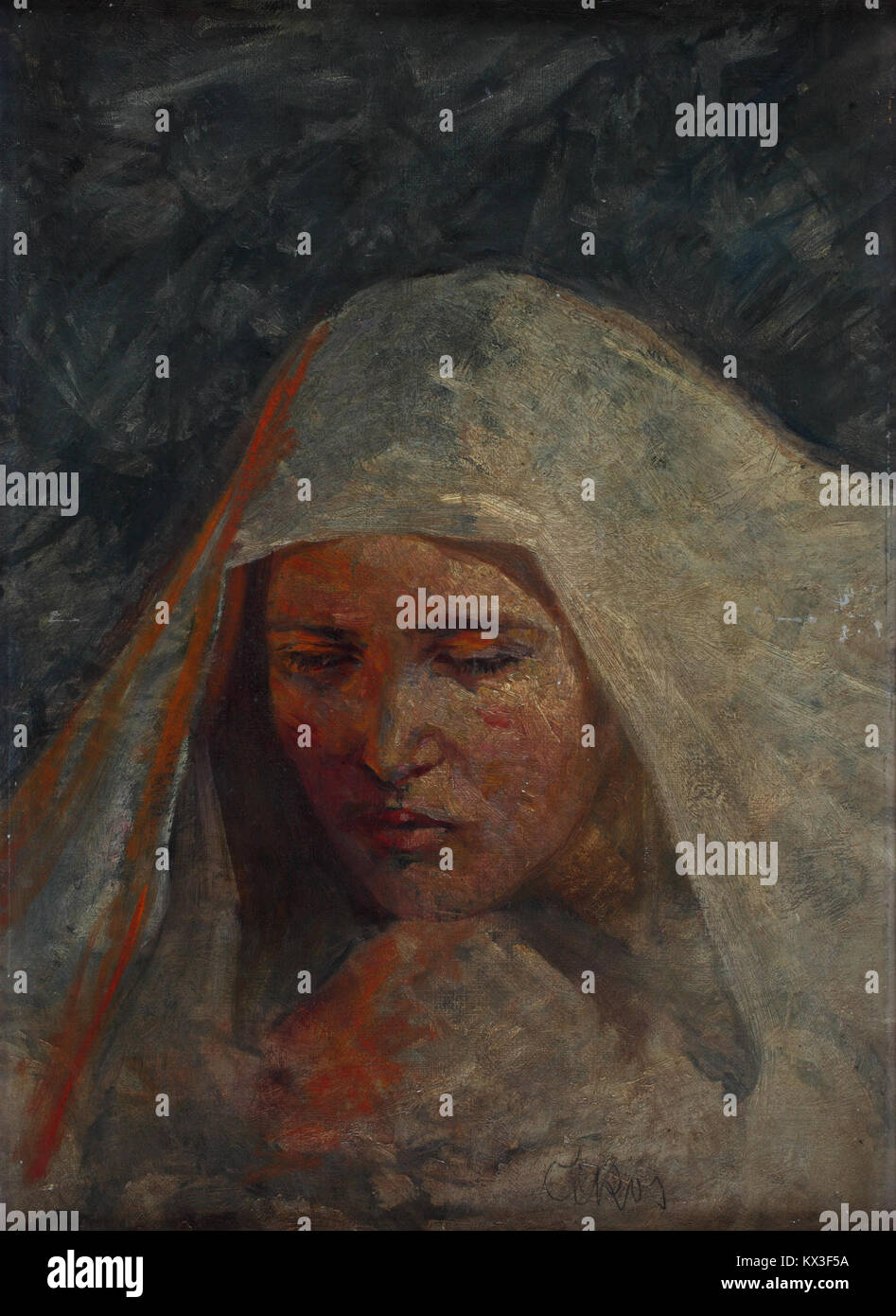 Diese Studie von Bela Čikoš Sesija mit dem Titel *Studija ženske glave* (Studie des Kopfes einer Frau) zeigt die Auseinandersetzung der Künstlerin mit Porträtkunst und menschlicher Anatomie. Er spiegelt seine Meisterschaft in der Erfassung der weiblichen Form wider, wobei er den Schwerpunkt auf Gesichtszügen und Ausdruck legt, die für seinen künstlerischen Stil während des späten 19. Jahrhunderts charakteristisch sind. Stockfoto