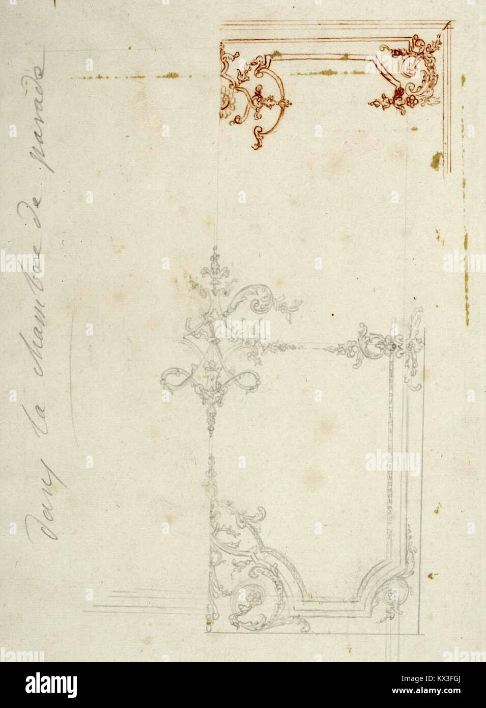 Detail der Holztäfelung im Umzugsraum von Monseigneur im Château-Neuf de Meudon, die barocke Innenarchitektur und Handwerkskunst aus dem Jahr 1708 hervorhebt. Stockfoto