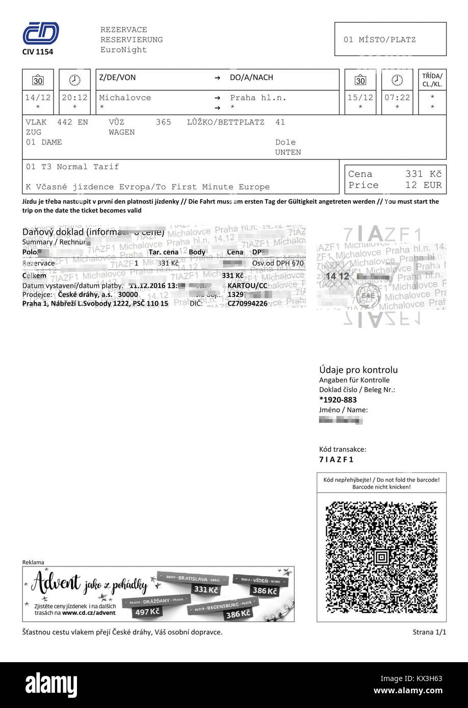 Die Tschechische Bahn bietet ein Online-Ticketreservierungssystem, das Reisenden die Möglichkeit bietet, Schlafwagen zwischen Michalovce und Prag zu buchen, um Komfort und Komfort zu erhöhen. Stockfoto