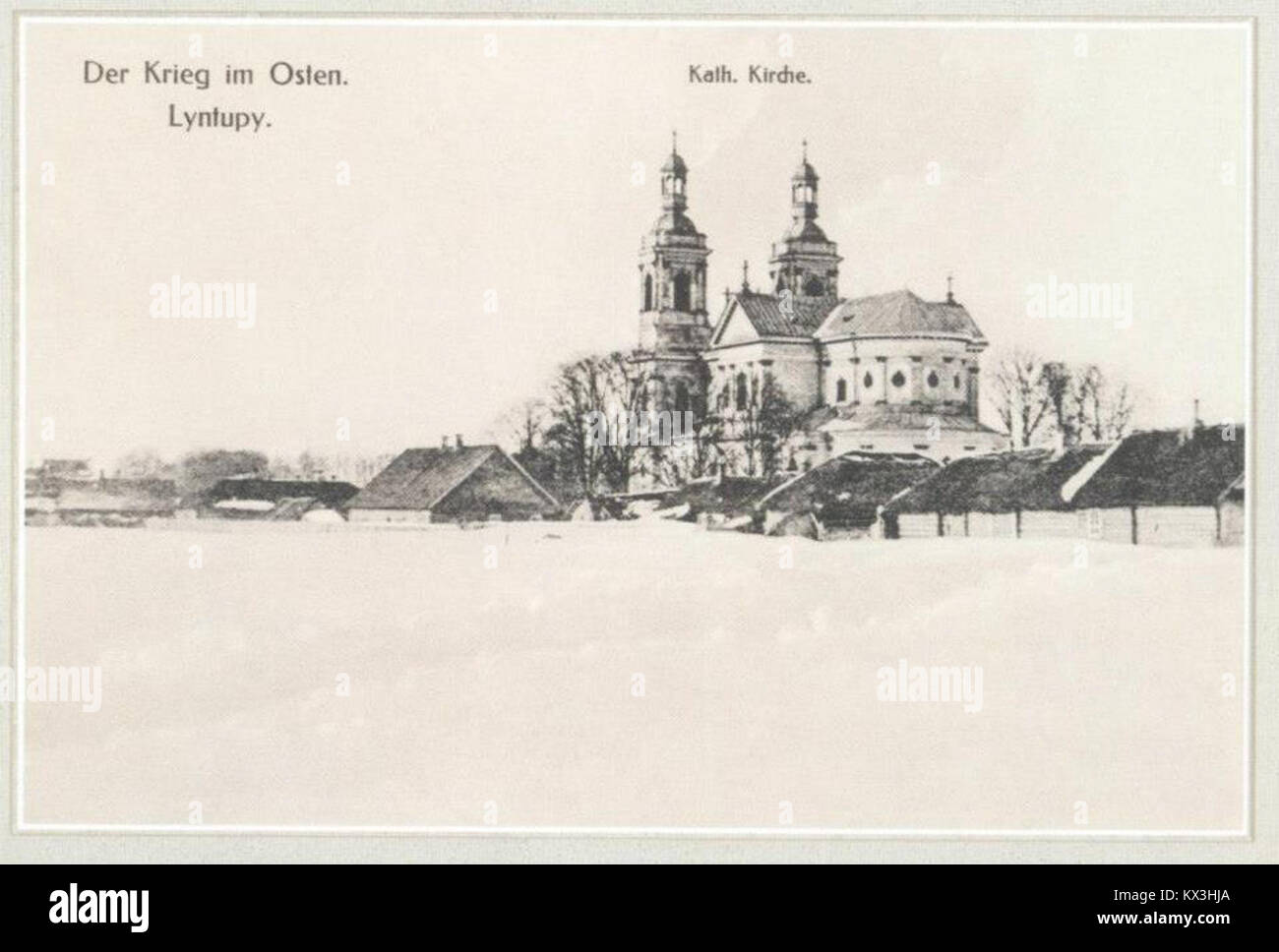 Das Bild mit dem Titel „Lyntupy“ bezieht sich wahrscheinlich auf einen historischen oder kulturellen Kontext an einem Ort oder Ereignis aus dem 20. Jahrhundert. Die genauen Einzelheiten des Titels sind unklar, können sich jedoch auf ein regionales oder historisches Thema beziehen, das für diesen Zeitraum relevant ist. Stockfoto