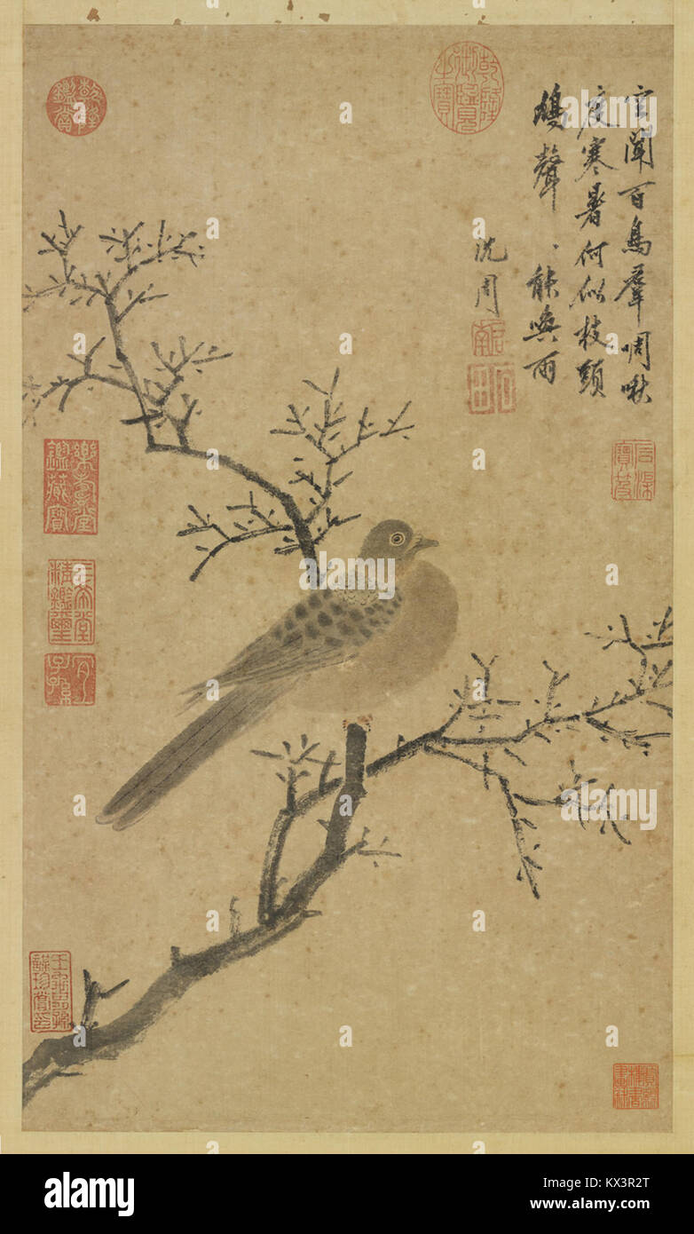 Ein chinesisches Gemälde von Shen Zhou mit dem Titel „Pigeon Sounds Calling the Rain“, ein schönes Beispiel für die Tintenmalerei der Ming-Dynastie, die Harmonie zwischen Natur und menschlicher Existenz darstellt. Stockfoto