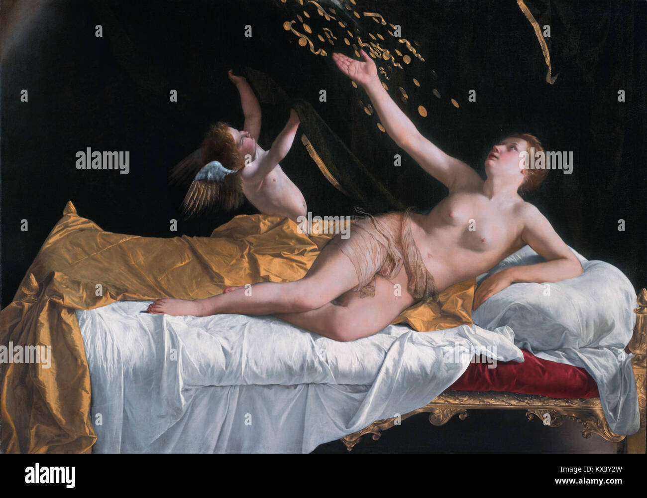 Danaë ist ein Gemälde von Orazio Gentileschi, das die mythologische Geschichte von Danaë darstellt, der von Zeus in Form von goldenem Regen getränkt wurde. Das Kunstwerk ist ein Beispiel für barocke Malerei und zeigt Gentileschis Fähigkeit, dramatisches Licht und menschliche Emotionen einzufangen. Stockfoto