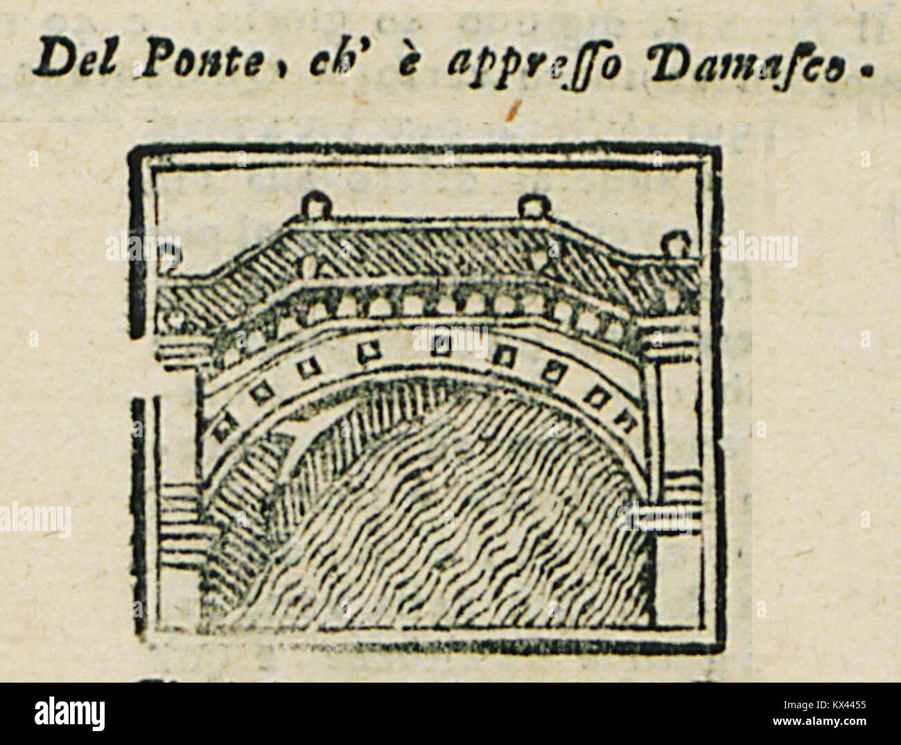 Dieses Werk, *Del Ponte ch' è appresso Damasco* von Bianco Noe aus dem Jahr 1600, zeigt ein historisches oder biblisches Thema, das wahrscheinlich Ereignisse im Zusammenhang mit Damaskus darstellt. Das Gemälde ist Teil der italienischen Renaissance-Kunsttradition. Stockfoto