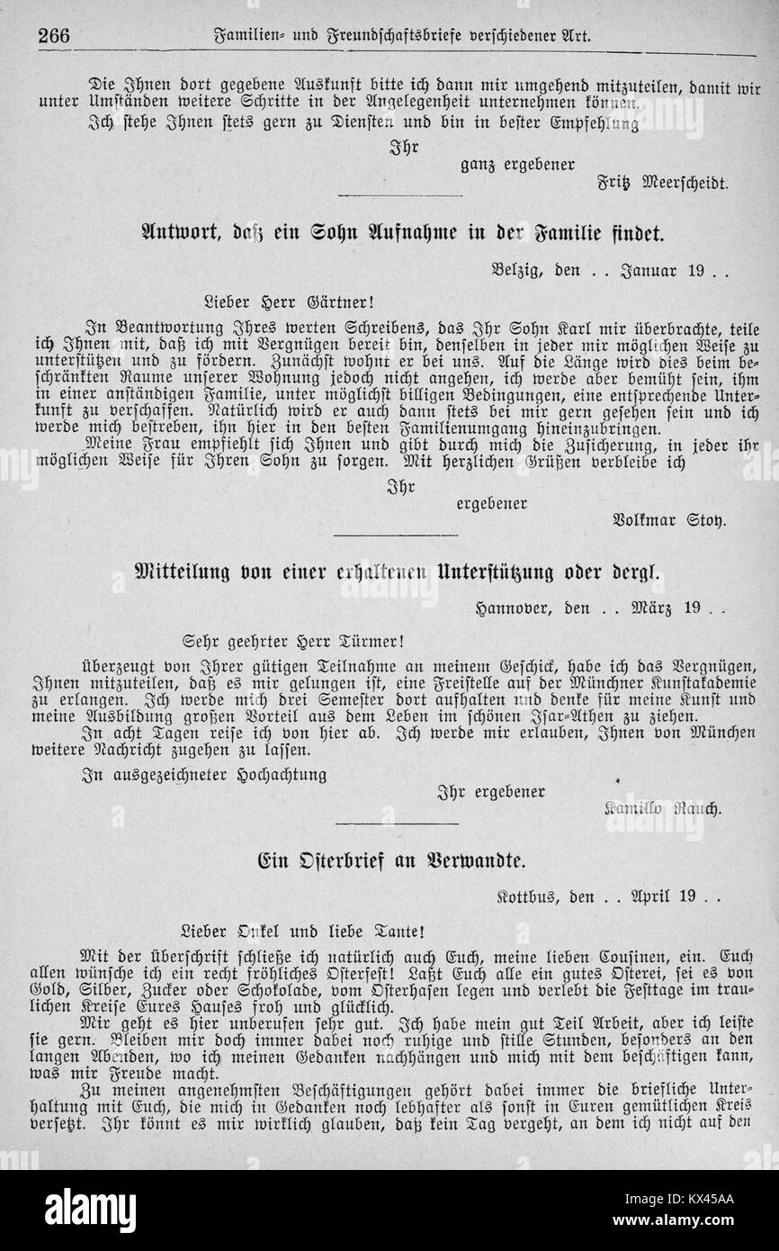 Seite 266 von „der Haussekretär“ herausgegeben von Carl Otto, veröffentlicht um 1900 in Berlin. Diese Seite enthält eine Vorlage für ein formelles Beschwerdeschreiben an eine Kommunalbehörde, in dem die Anwendung des Buches in bürgerlichen Angelegenheiten demonstriert wird. Stockfoto
