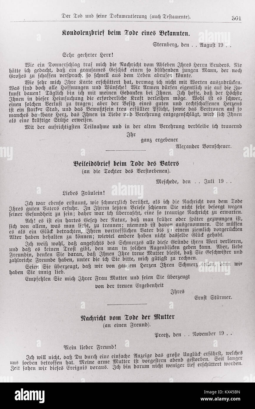 Seite 301 von „der Haussekretär“ herausgegeben von Carl Otto, veröffentlicht um 1900 in Berlin. Diese Seite enthält ein Musterschreiben für eine formelle Anfrage von einer Regierungsbehörde, das den Nutzen des Buches in der bürgerlichen Korrespondenz veranschaulicht. Stockfoto