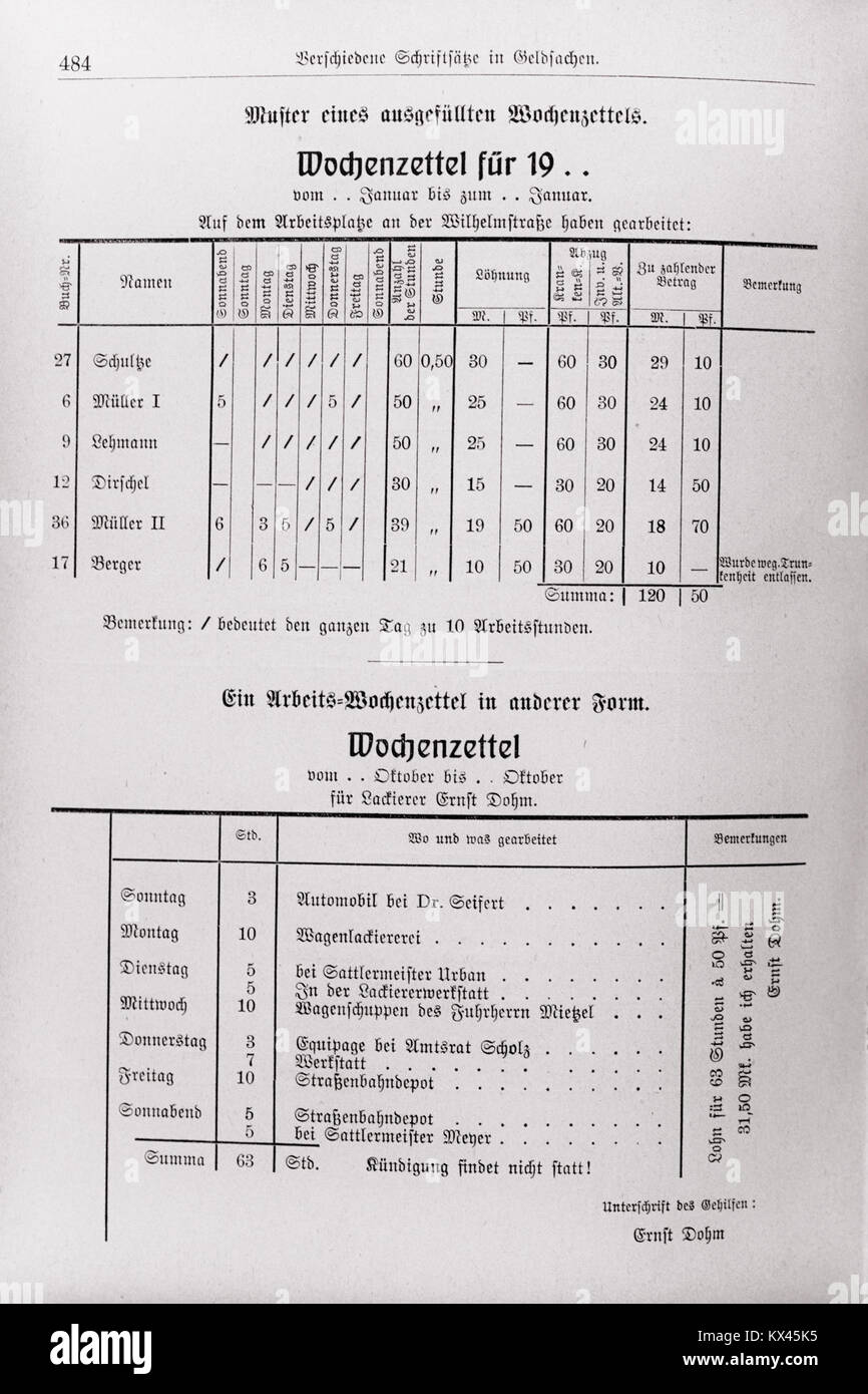Seite aus dem Haussekretär, deutsche Publikation um 1900, mit administrativen und praktischen Informationen zur Hauswirtschaft im frühen 20. Jahrhundert. Stockfoto