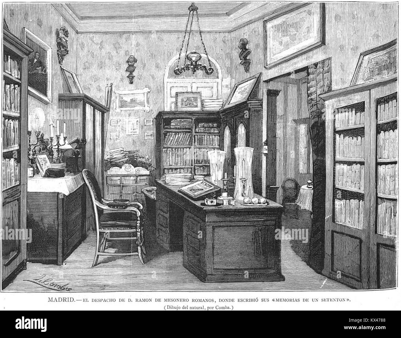 Dieses Dokument ist ein despacho (offizieller Versand) von Ramón de Mesonero Romanos nach Juan Comba, der die administrative Korrespondenz im Spanien des 19. Jahrhunderts veranschaulicht. Stockfoto