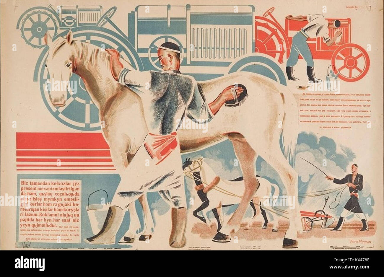 Eine Fotografie aus Taschkent aus dem Jahr 1933, die russische und usbekische Bauern mit Pferden zeigt und die fortgesetzte Abhängigkeit von Tierarbeit trotz mechanischer Landwirtschaft unterstreicht. Stockfoto