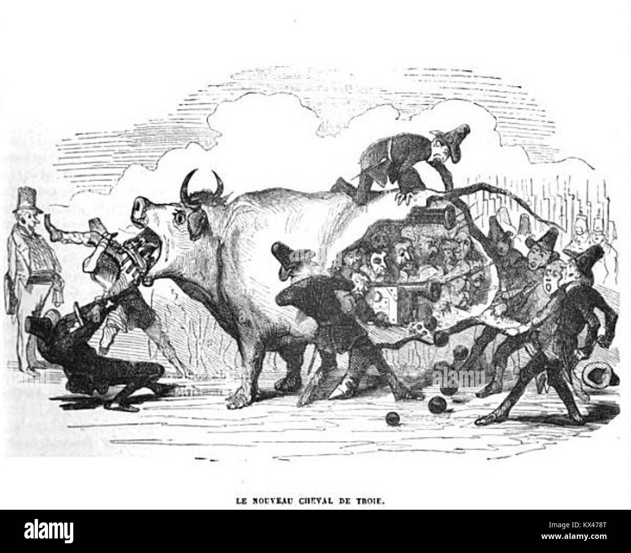 Dessin de gravé par Bertall Baulant - 1849 - Le Boeuf Gras cheval de Troie Stockfoto