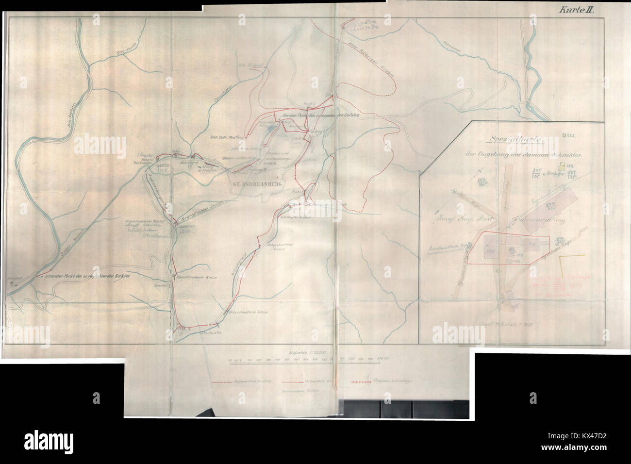 Eine detaillierte Karte, die das Grabensystem in Sankt Andreasberg zeigt und die Grundrisse, Verteidigungspositionen und Geländemerkmale hervorhebt, die für die militärische Planung relevant sind. Stockfoto