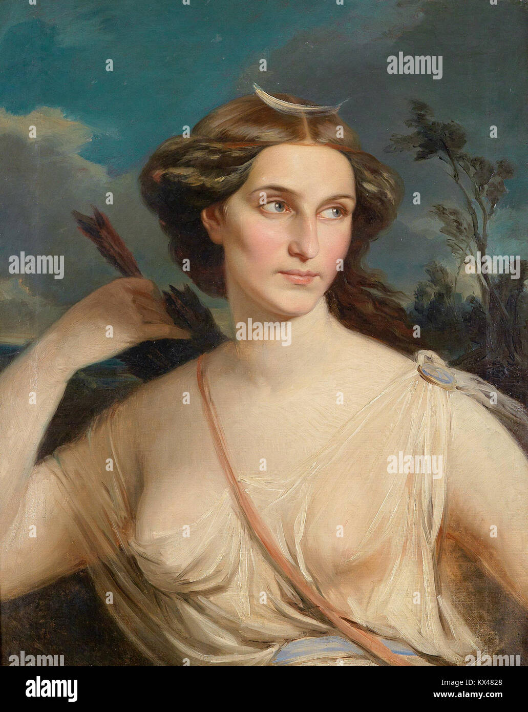 Um 1900 zeigt die Darstellung von Diana, der römischen Göttin der Jagd, die einen Bogen hält und von einem Jagdhund in einer natürlichen Umgebung begleitet wird. Stockfoto