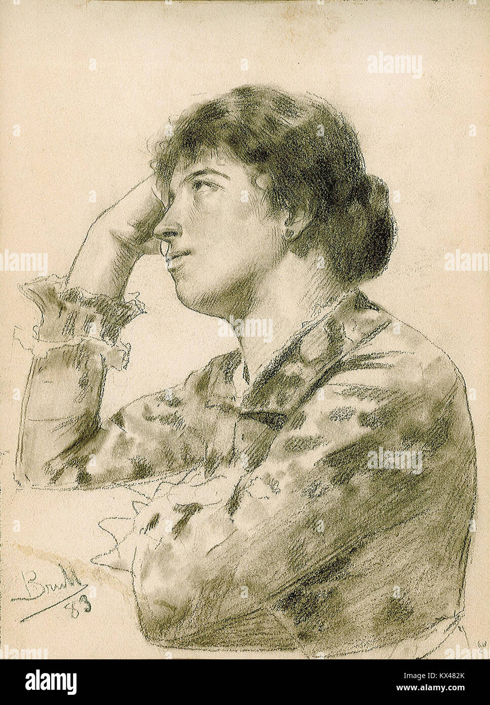 Eine Zeichnung mit dem Titel „Paz de Borbón“ von Joan Brull i Vinyoles (1863–1912), die eine historische oder kulturelle Szene im künstlerischen Stil darstellt. Stockfoto