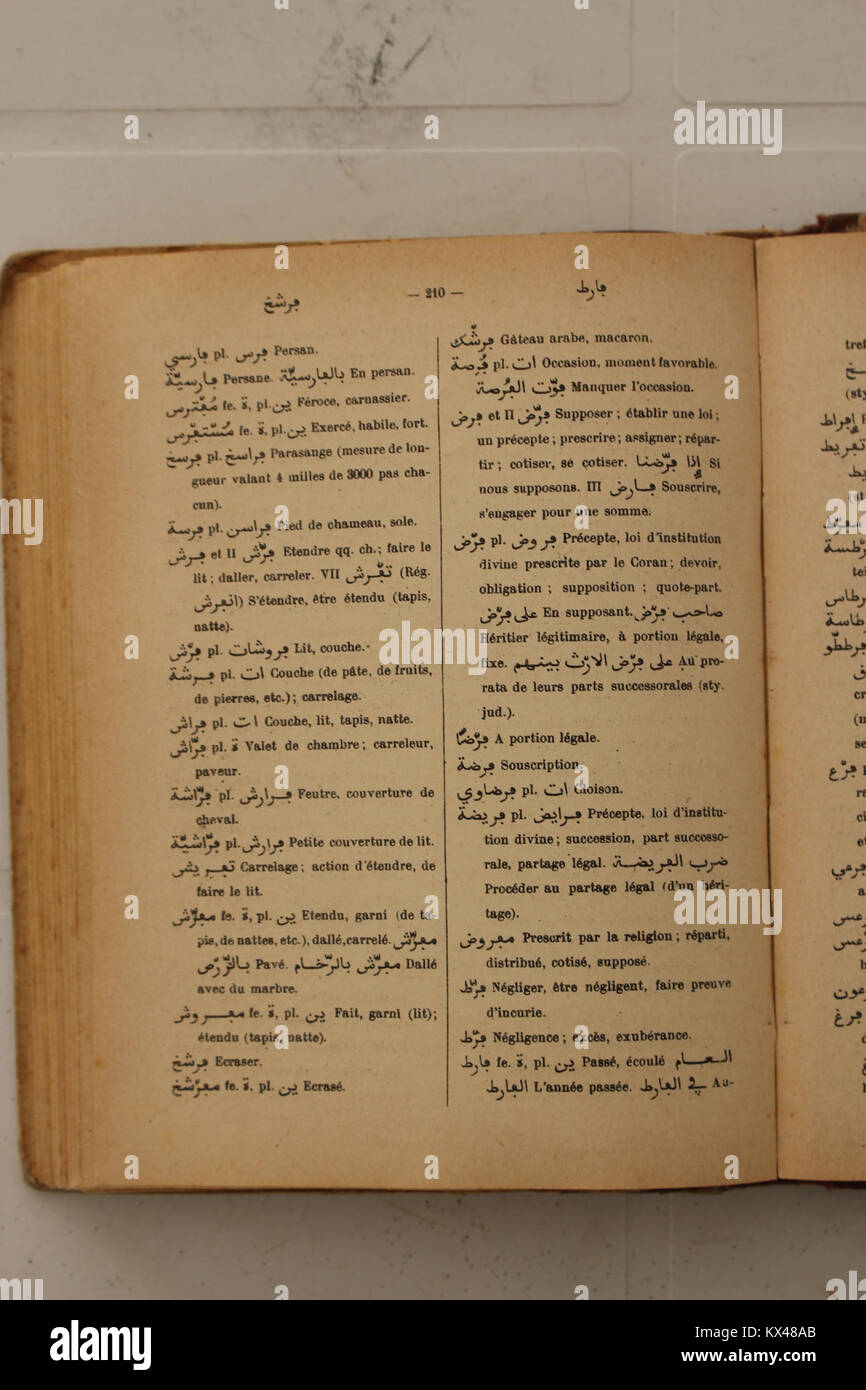 Diese Wörterbuchseite von Alfred Nicolas aus dem Jahr 1938 bietet französische Übersetzungen arabischer Begriffe und trägt damit zur Kultur- und Sprachwissenschaft bei. Stockfoto