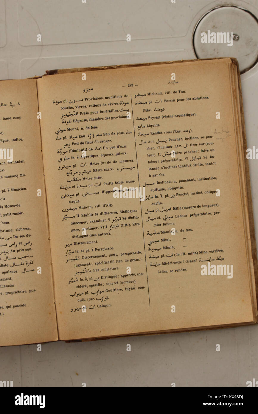 Französisch-Arabisch-Wörterbuch von Alfred Nicolas (1938) mit sprachlicher Referenz und Übersetzung arabischer Wörter ins Französische, wobei Grammatik und Vokabular hervorgehoben werden Stockfoto