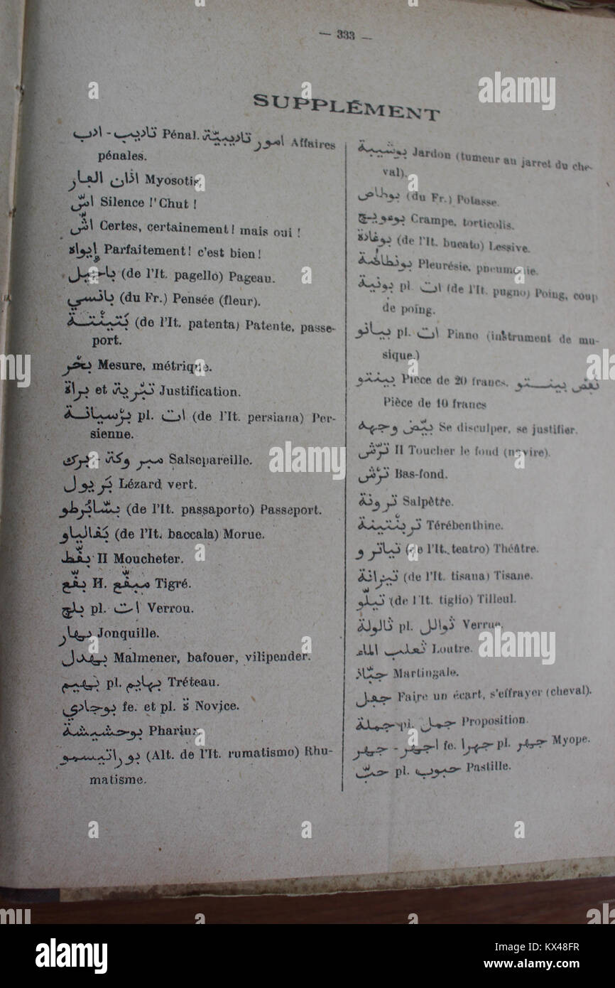 Wörterbuch Arabe-Fran çais par Alfred Nicolas (1938) p333 Stockfoto