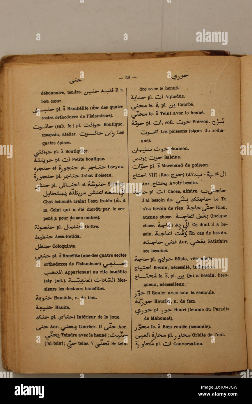 Wörterbuch Arabe-Fran çais par Alfred Nicolas (1938) p58 Stockfoto