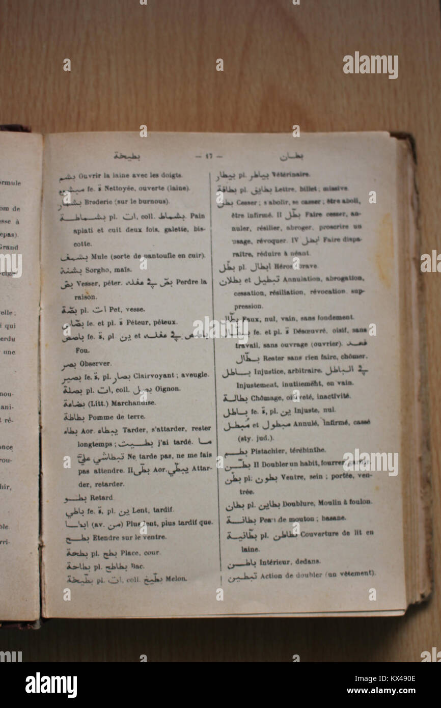 Wörterbuch Arabe-Fran çais par Alfred Nicolas (1938) Seite 17 Stockfoto