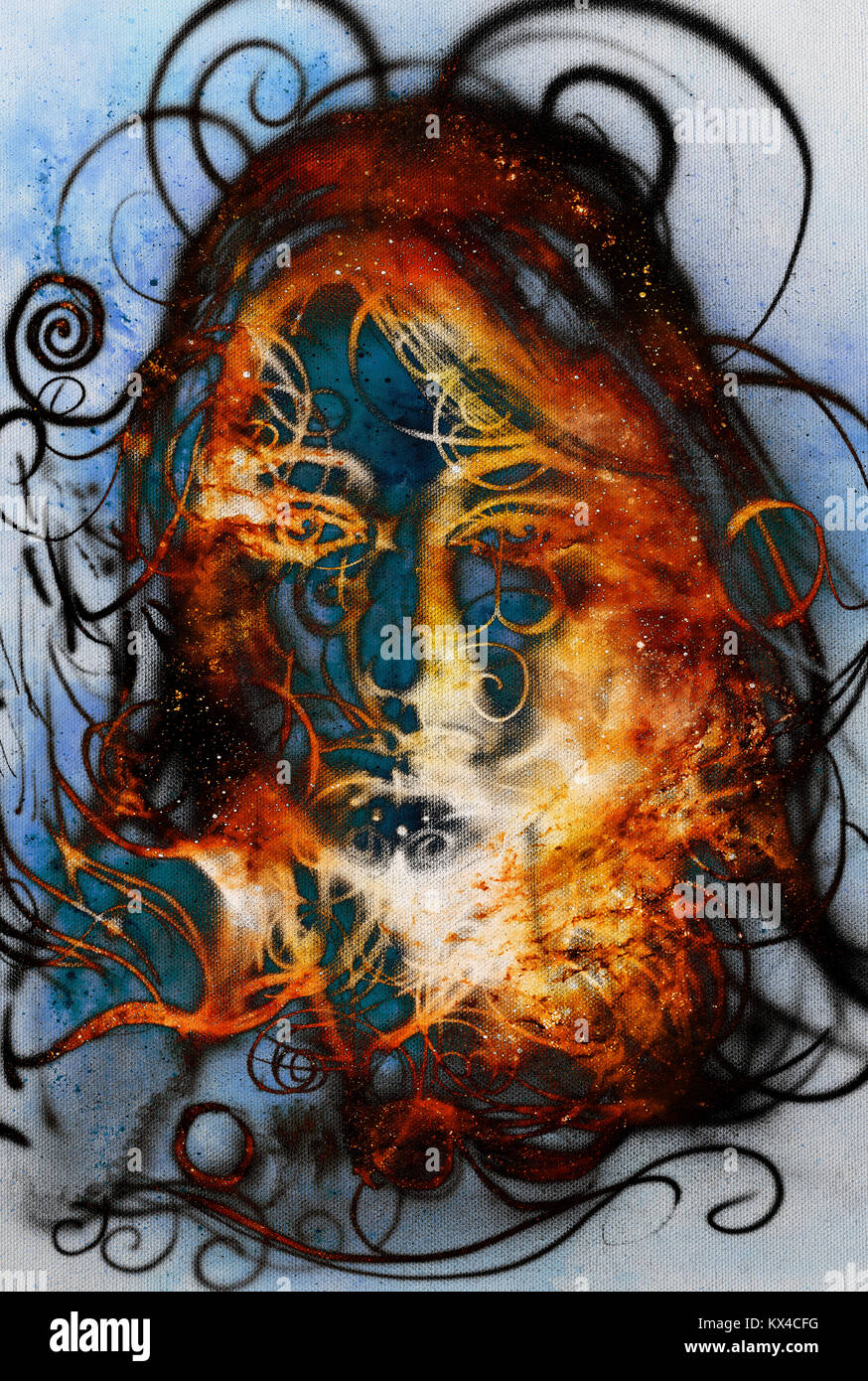 Göttin Frau in den kosmischen Raum. Den kosmischen Raum und Linien Hintergrund. Stockfoto