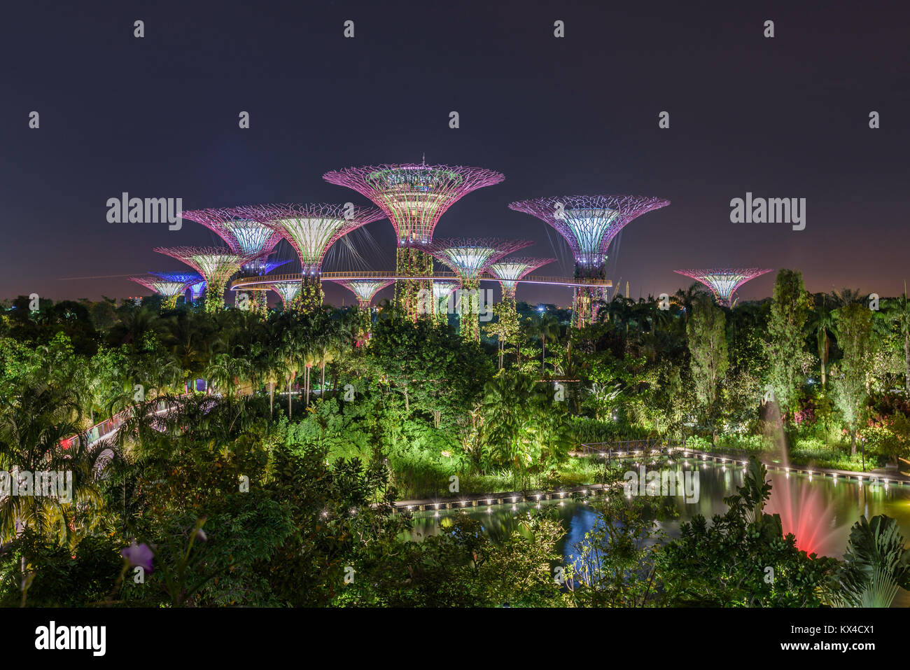 Die Gärten an der Bucht ist abends beleuchtet. Im Hintergrund die OCBC Skyway und Supertree Grove. Im Vordergrund der Dragonfly See. Singapur, März 2017 Stockfoto