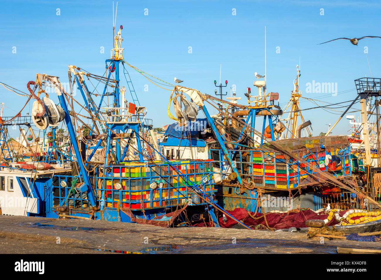Viele Fischerboote im Hafen von Essaouira, Marokko Stockfoto