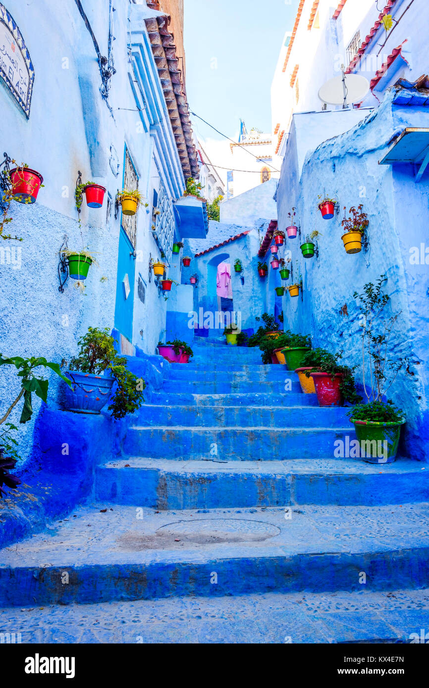 Blaue Straße mit bunte Blume Eimer in Chefchaouen, Marokko Stockfoto