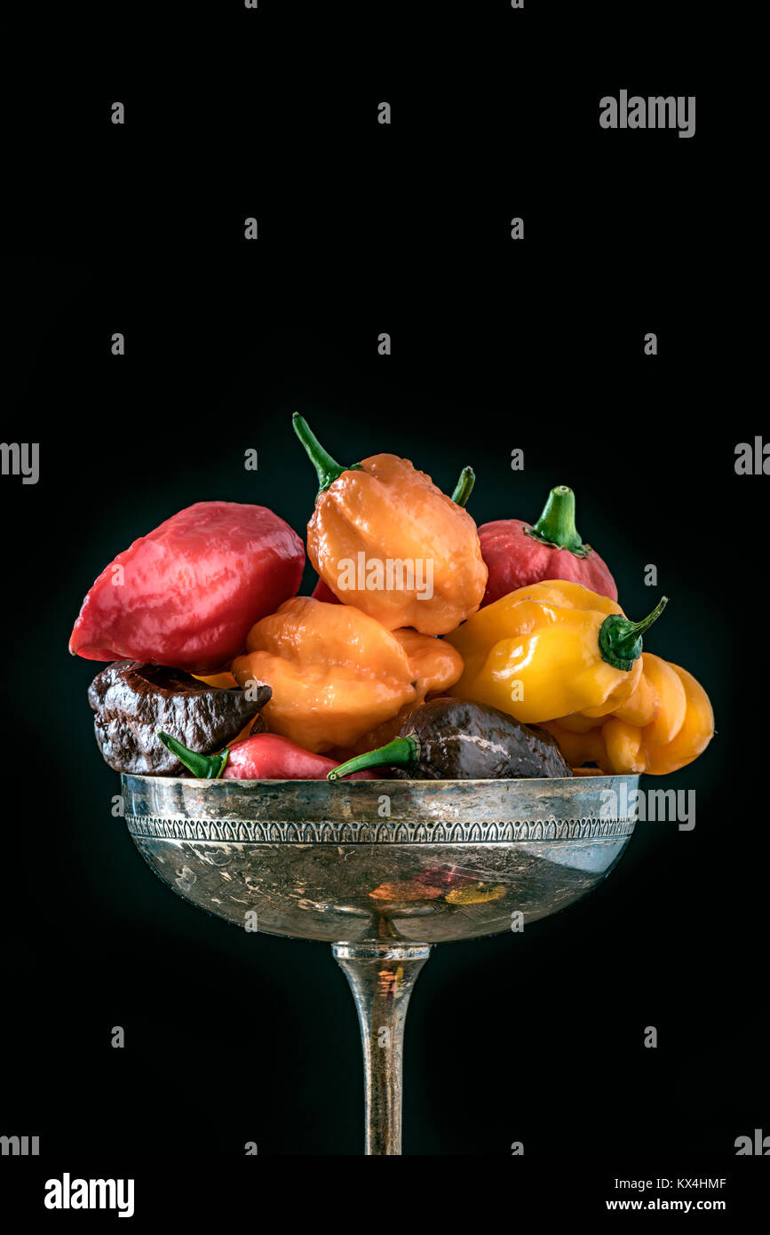 Verschiedene Arten von hot chili peppers auf Besteck auf schwarzen Hintergrund copyspace Stockfoto