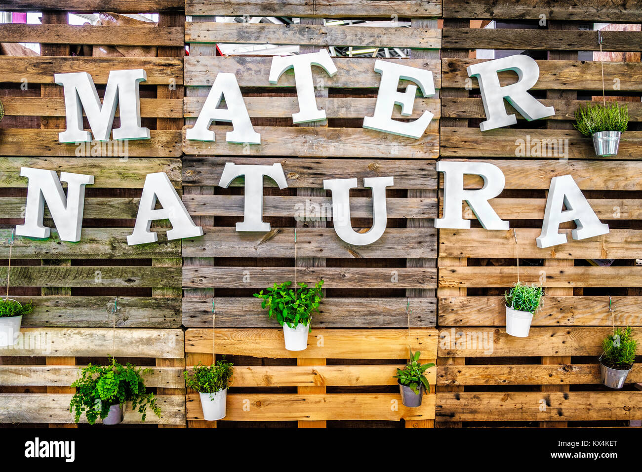 Mater Natura Mutter Natur text grüner Daumen Paletten Holz- Hintergrund Stockfoto