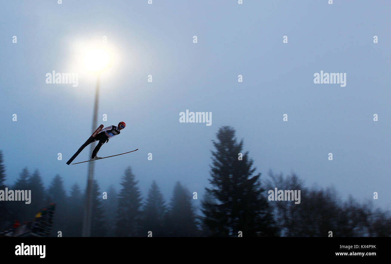 Bischofshofen, Österreich. 06 th, Jan ​ 2018. Stephan Leyhe aus Deutschland konkurriert bei der Probe am Tag 8 des 66th Vier-Schanzen-Tournee in Bischofshofen, Österreich, 06. Januar 2018. (Foto) Alejandro Sala/Alamy leben Nachrichten Stockfoto