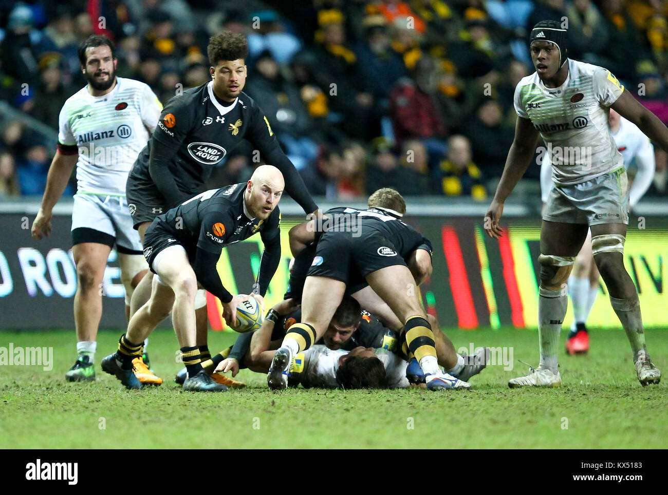 Coventry, Großbritannien. Jan, 2018. Dan Robson in Aktion für Wespen während der Aviva Premiership Runde 13 Spiel zwischen Wespen und RFC Sarazenen in der Ricoh Arena. Credit: Phil Hutchinson/Alamy leben Nachrichten Stockfoto