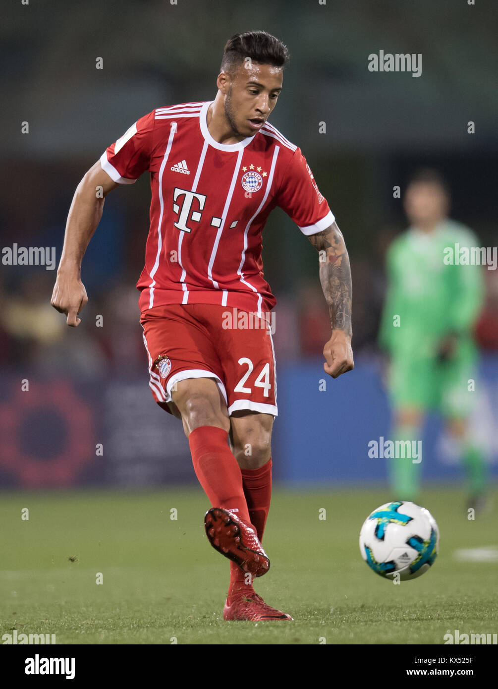 Doha, Katar. 6. Januar, 2018. Der Münchener Corentin Tolisso in Aktion während der Fußball Freundschaftsspiel zwischen dem FC Bayern München und Al-Ahli an Aspire Zone in Doha, Katar, vom 6. Januar 2018. FC Bayern München ist das trainign Camp in Katar vom 02.01.-07.01.2018. Credit: Sven Hoppe/dpa/Alamy leben Nachrichten Stockfoto