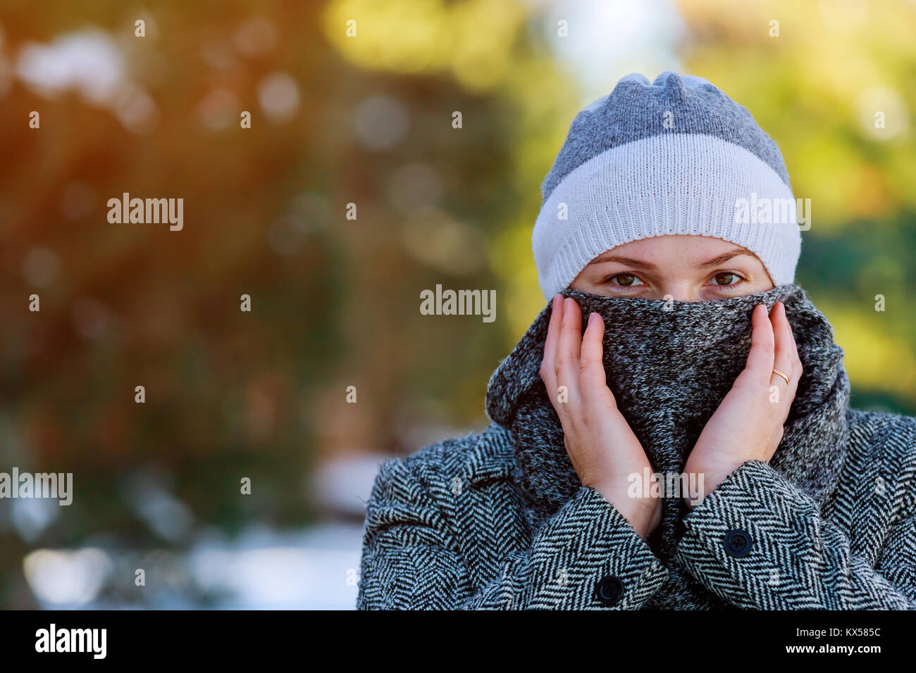Schöne junge Frau in einem grauen shaggy Pelzkappe und warme Kleidung im Winter bei Schneefall im Winter Park. schöne Frau Straße Winter bei Frost Stockfoto