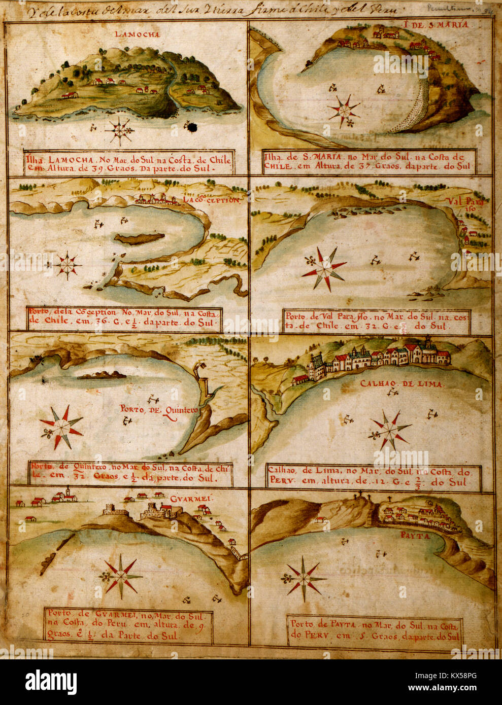 Anschlüsse & Insel an der Küste von Peru & Chile - 1630 - portugiesischen Karte Stockfoto