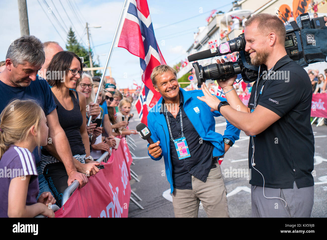 Bergen, Norwegen - 24 September 2017. Der pensionierte Norwegischer Radprofi Dag Otto Lauritzen bei der Arbeit als Radfahren Kommentator während der Uci Road World Championships 2017 in Bergen gesehen. Stockfoto