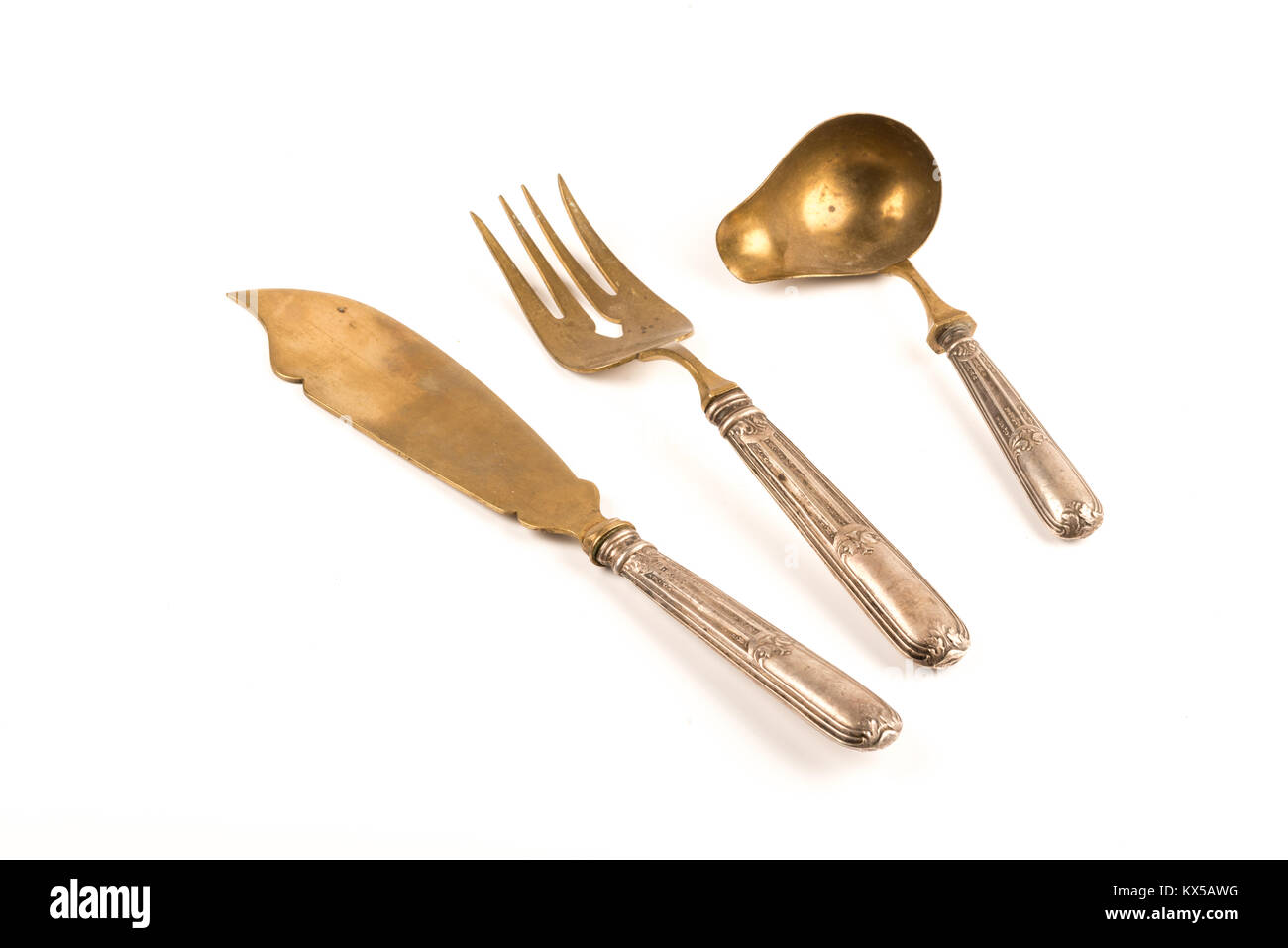 Vintage silver Set von Messer, Gabel und Löffel für Saucen und Salate Stockfoto