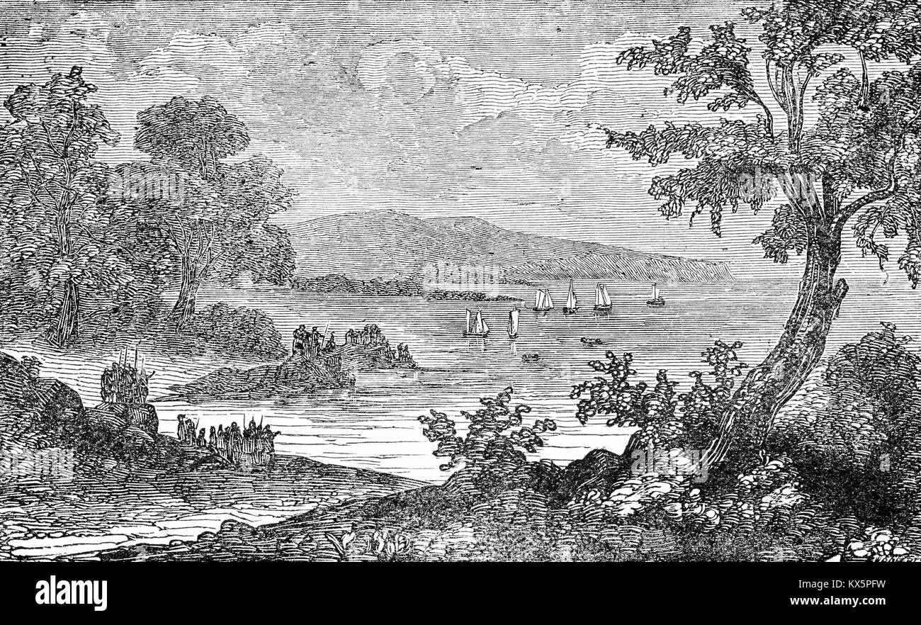 Gravur der ersten englischen Flotte von Schiffen aus der Zeit von Alfred des Großen. Von Alfred, von Jacob Abbott, 1846. Stockfoto