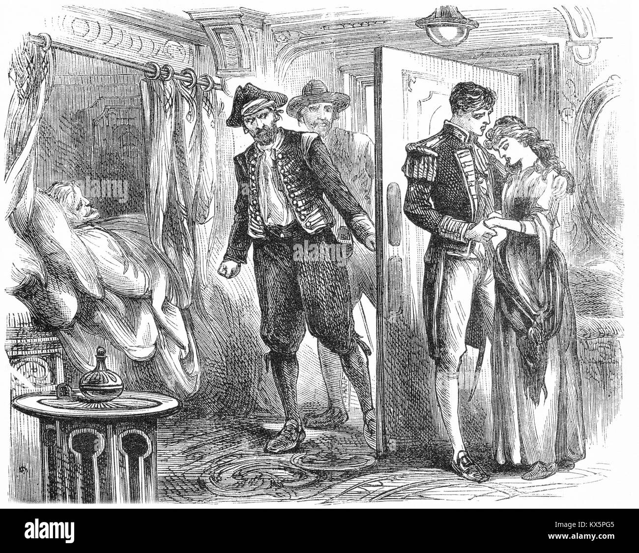 Gravur von zwei Piraten ein Schiff Betreten der Kabine, in der ein junges Paar und einen alten Mann leben. Von einem ursprünglichen Gravur in der Jungen von England Magazin 1894. Stockfoto