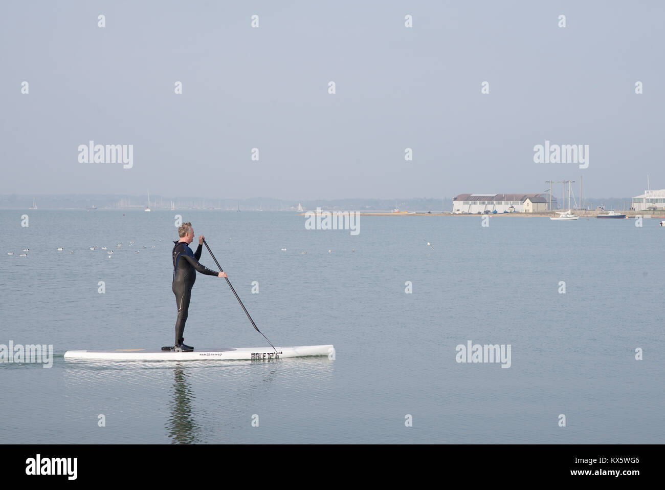 Mann in einen Taucheranzug auf einem Surfbrett im Meer Stockfoto