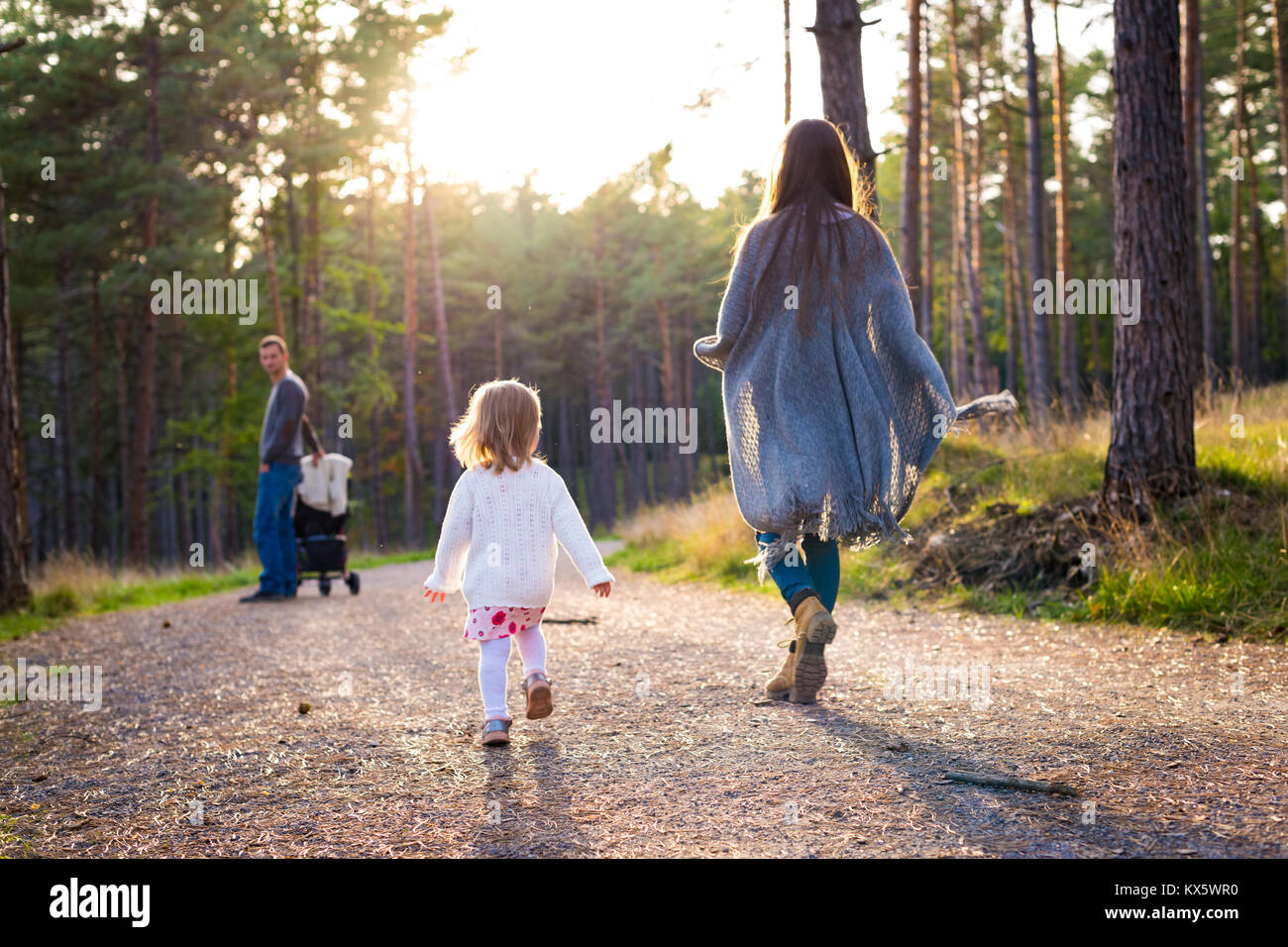 Glückliche junge Familie einen Spaziergang im Park, Ansicht von hinten. Familie zusammen entlang Forrest weg mit ihrer Tochter, Vater Drücken der Kinderwagen. Stockfoto