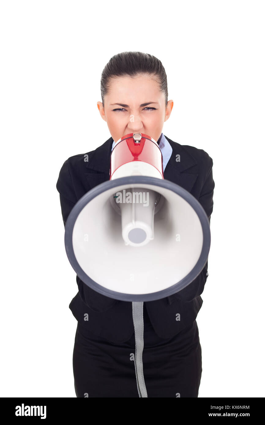 Geschäftsfrau als öffentlicher Redner, Schreien über Megaphon, isoliert auf weißem Stockfoto