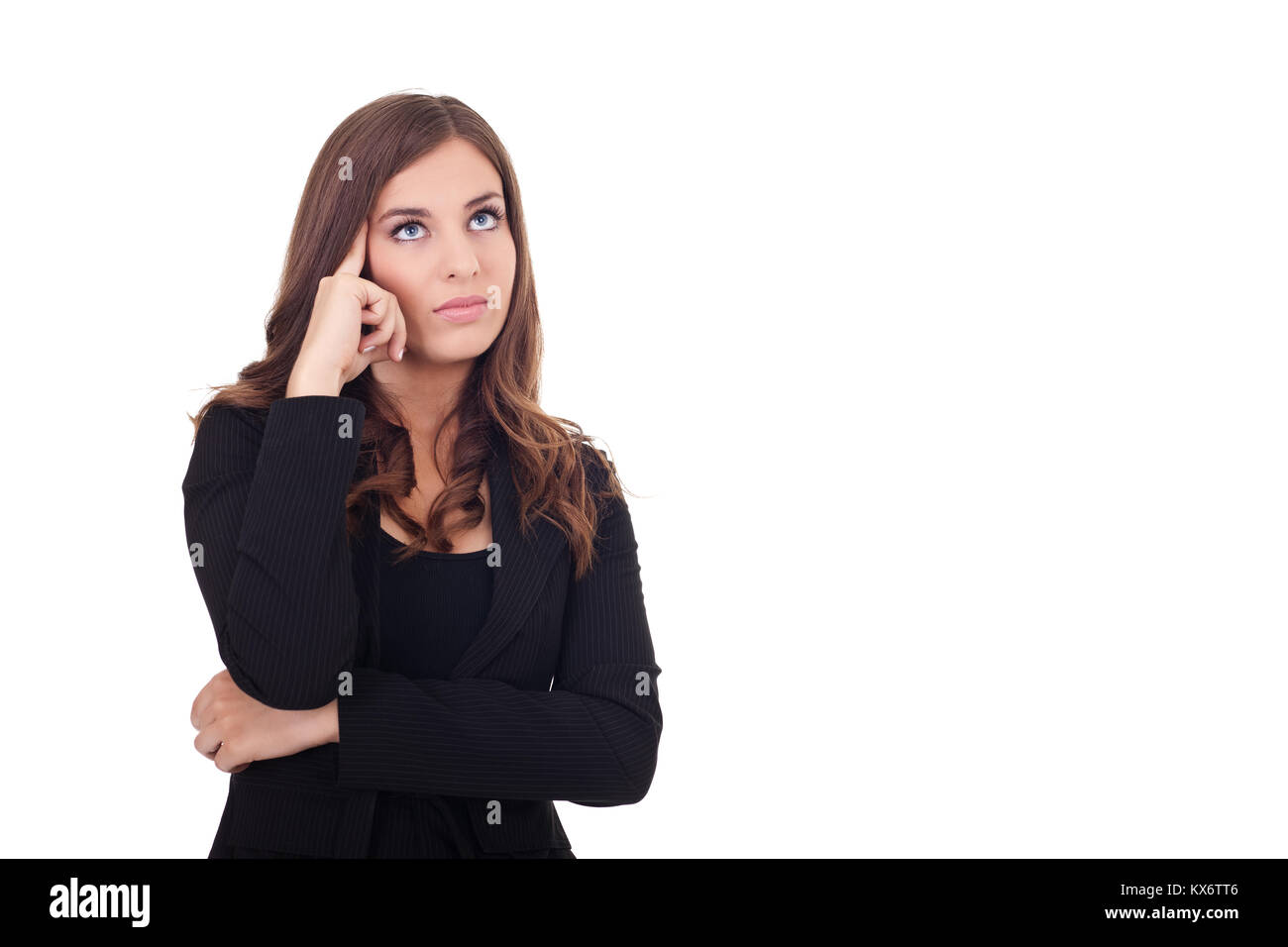 Junge Geschäftsfrau denken auf weißem Hintergrund Stockfoto