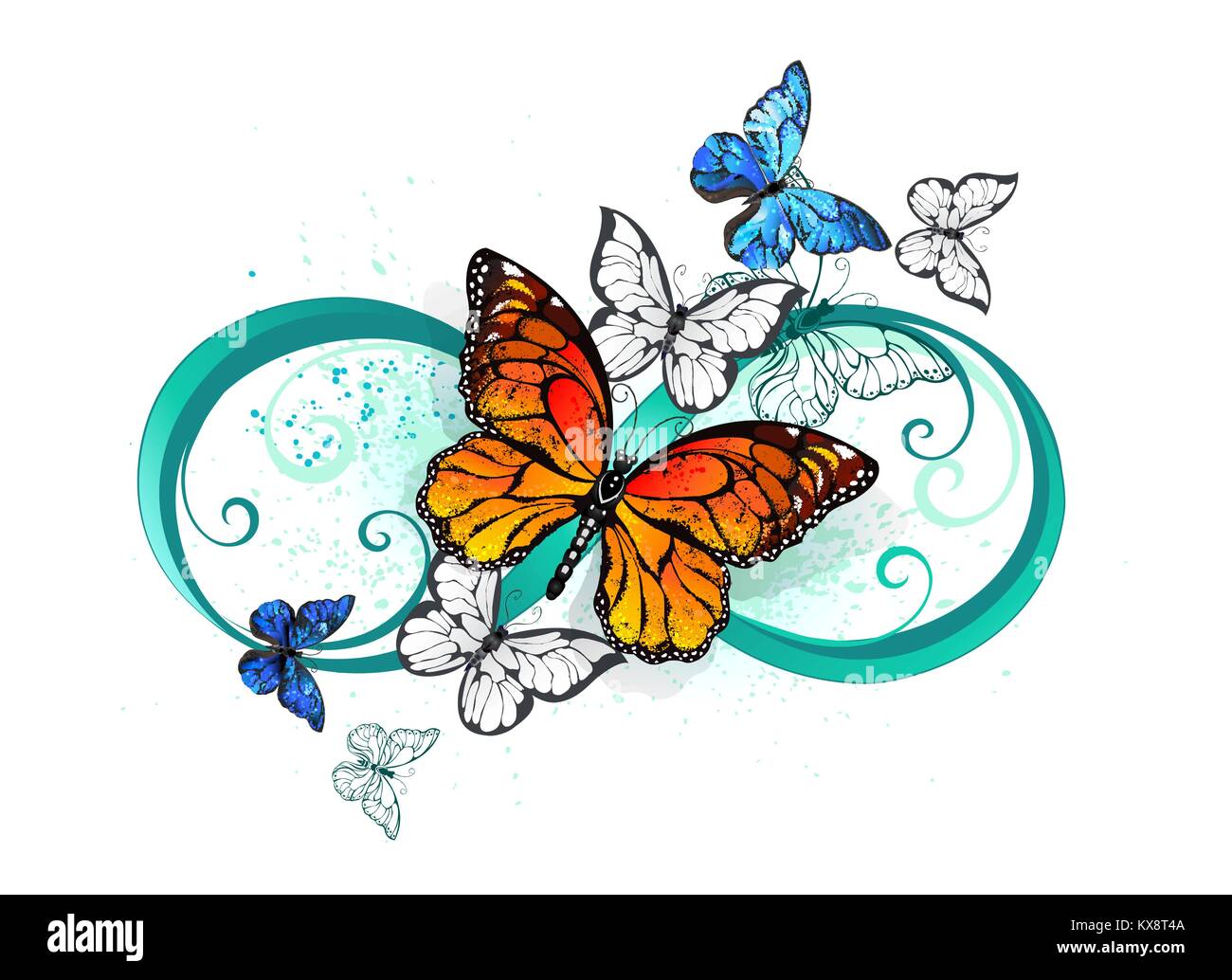 Symbol für Unendlichkeit mit realistischen Schmetterlinge von Monarchen und Morphs auf einem weißen Hintergrund. Morpho. Monarch Butterfly. Design mit Schmetterlingen. Tattoo Stock Vektor
