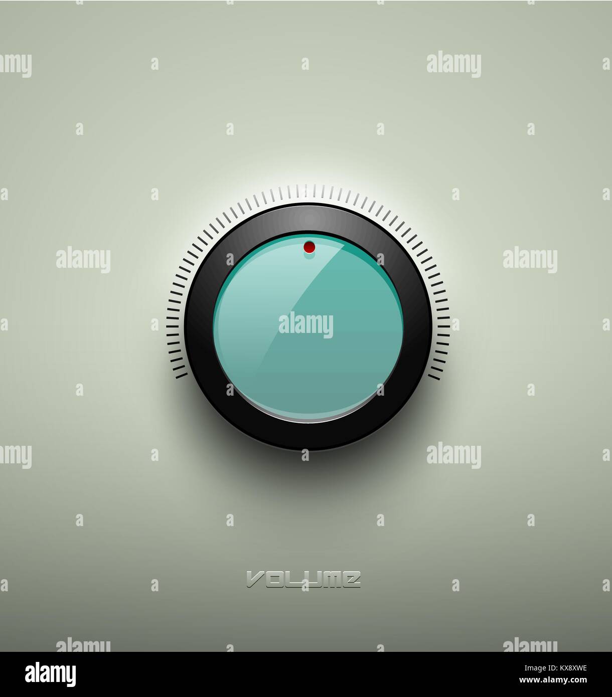 Technologie Musik grün glänzende Symbol, Lautstärke, SOUND CONTROL-Knopf mit schwarzem Kunststoff Ring, Scale, Schatten und Licht. Isolierte Hintergrund Stock Vektor