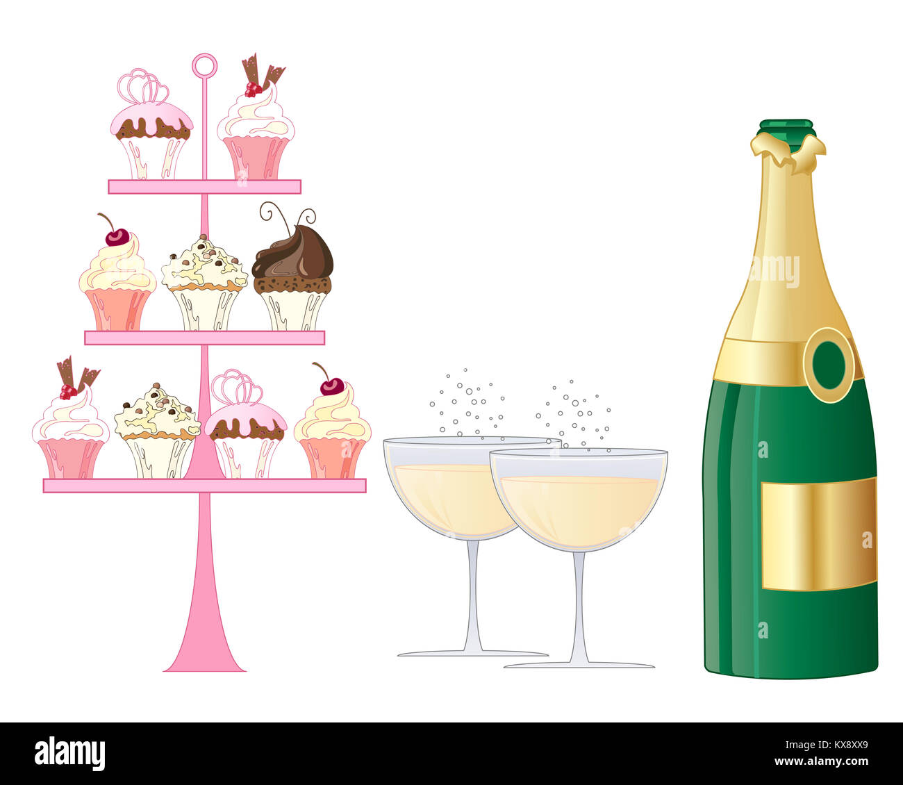 Eine Abbildung von einem prickelnden Champagner Nachmittagstee mit facy Kuchen stehen und Flasche auf weißem Hintergrund Stockfoto