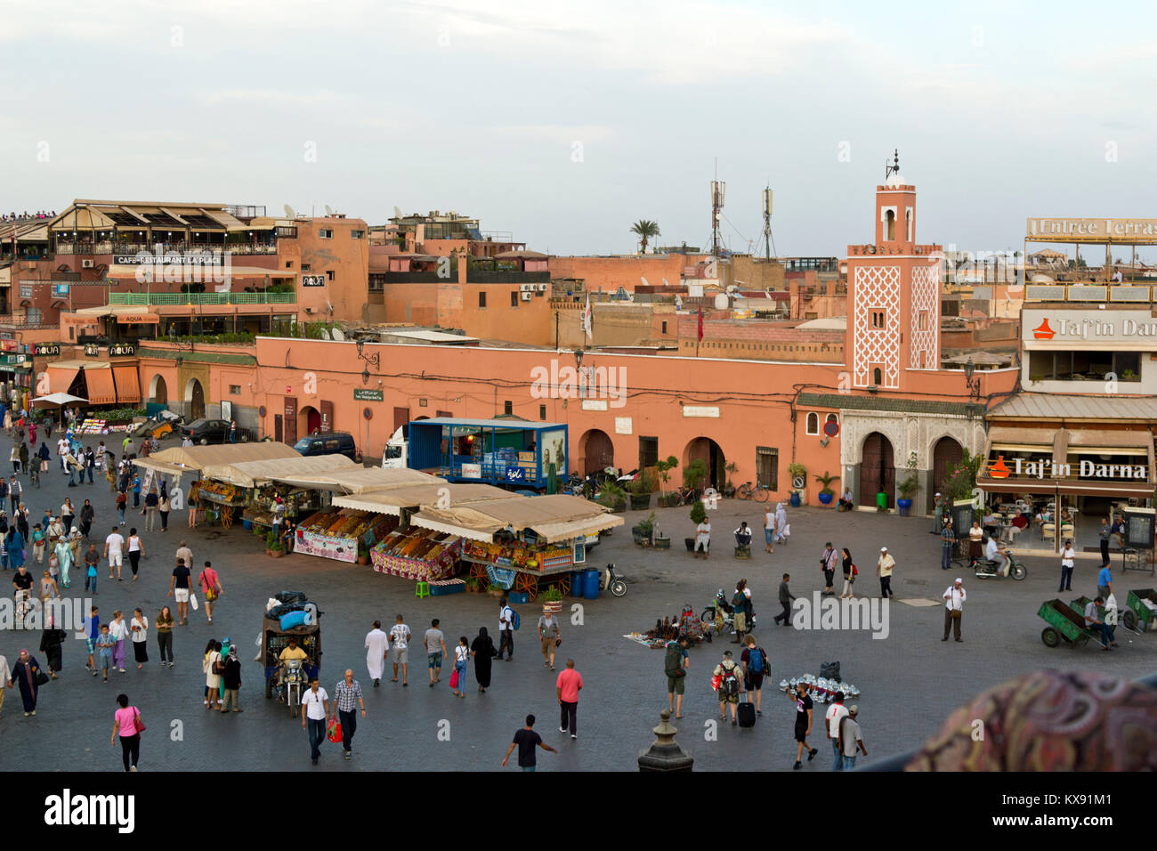 Luftaufnahme des Djemaa el Fna Marktplatz, Marrakesch, Marokko Stockfoto