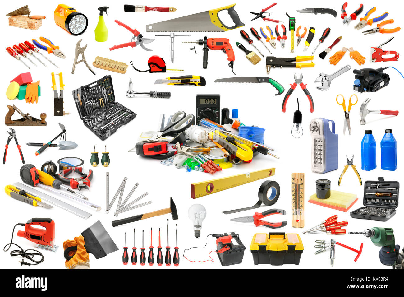 Sammlung von Tools, die für die Instandsetzung und Instandhaltung des Hauses. Auf weiß isoliert. Stockfoto