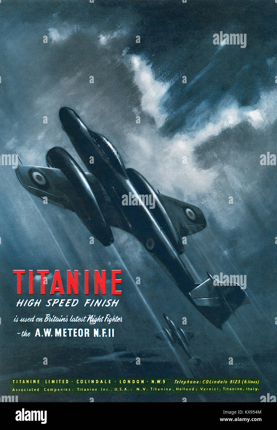 1951 britischen Werbung für Titanine beschränkt, Hersteller von Aviation Coatings (Flugzeug dope), mit der Gloster Meteor NF 11 jet Nacht Kampfflugzeuge. Stockfoto