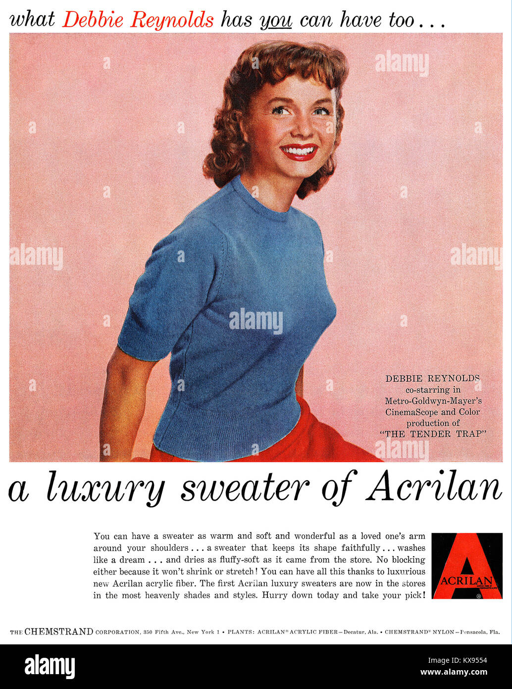 1955 US-Werbung für Acrilan Acrylfasern durch die Chemstrand Corporation, mit Schauspielerin Debbie Reynolds. Stockfoto